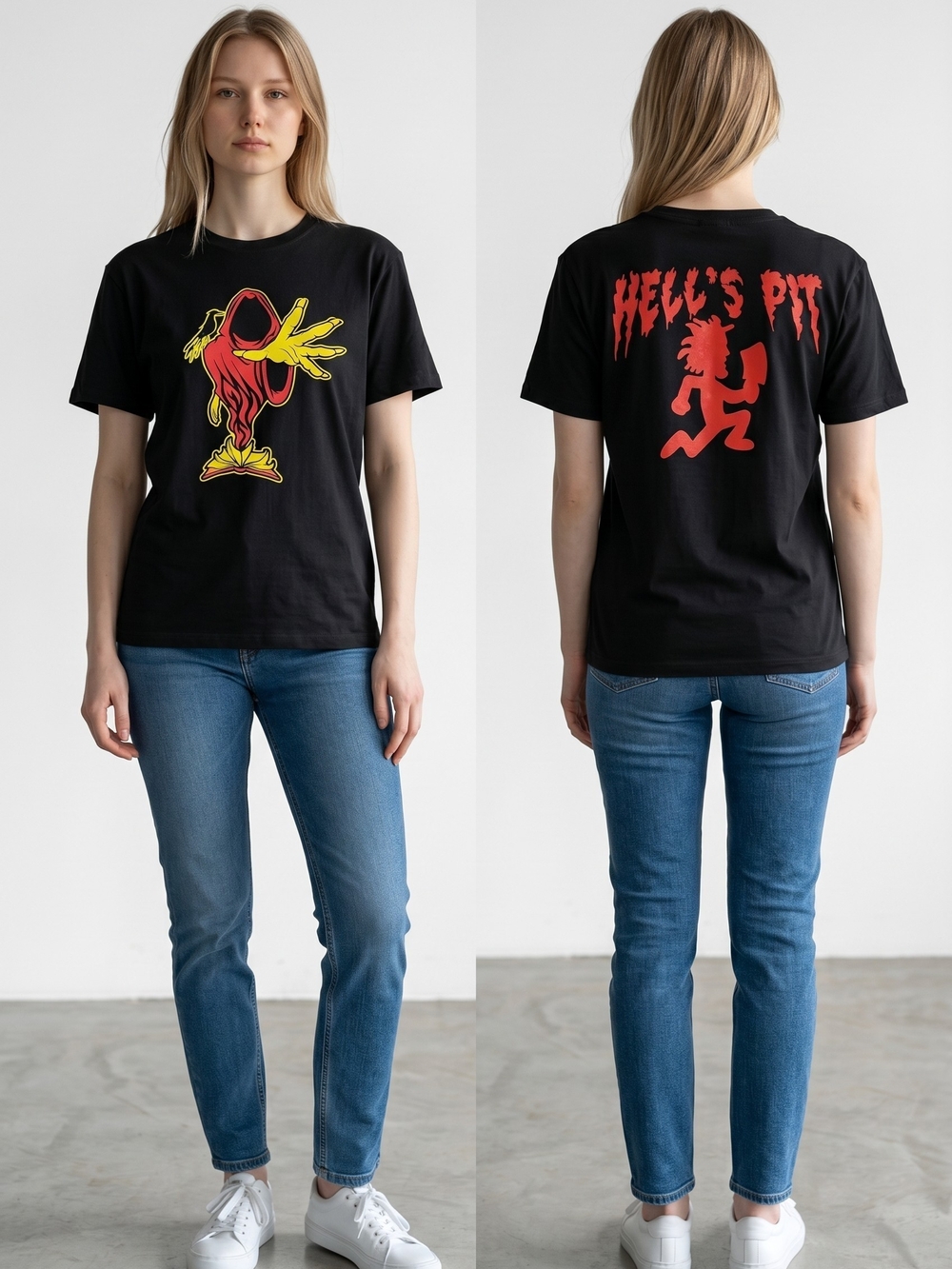 Black Short Sleeve Insane Clown Posse Tee with Red & Yellow Hooded Design
